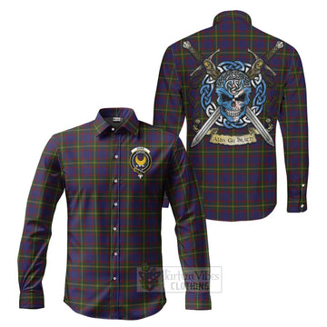 Durie Tartan Long Sleeve Button Shirt with Family Crest Celtic Skull Style Men's Shirt S - Tartan Vibes Clothing