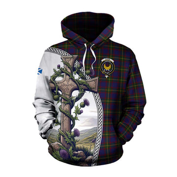 Durie Tartan Cotton Hoodie with Family Crest and St. Andrew's Cross Accented by Thistle Vines Pullover Hoodie XS - Tartan Vibes Clothing