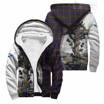 Durie Tartan Sherpa Hoodie with Family Crest and St. Andrew's Cross Accented by Thistle Vines Unisex S - Tartan Vibes Clothing