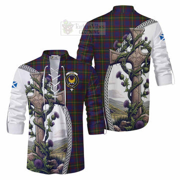 Durie Tartan Ghillie Kilt Shirt with Family Crest and St. Andrew's Cross Accented by Thistle Vines Men - Tartan Vibes Clothing