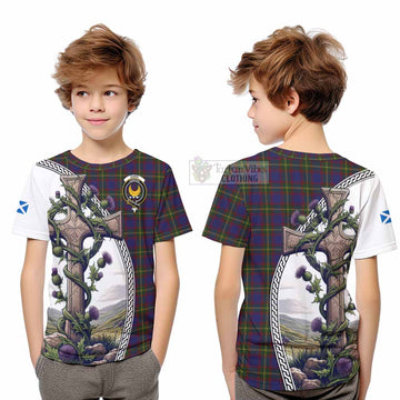 Durie Tartan Kid T-Shirt with Family Crest and St. Andrew's Cross Accented by Thistle Vines Youth XL Size14 - Tartan Vibes Clothing