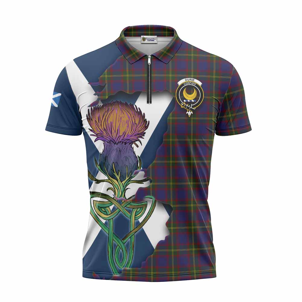 Durie Tartan Family Crest Zipper Polo Shirt Scottish Thistle Celtic Inspired Unisex - Tartan Vibes Clothing