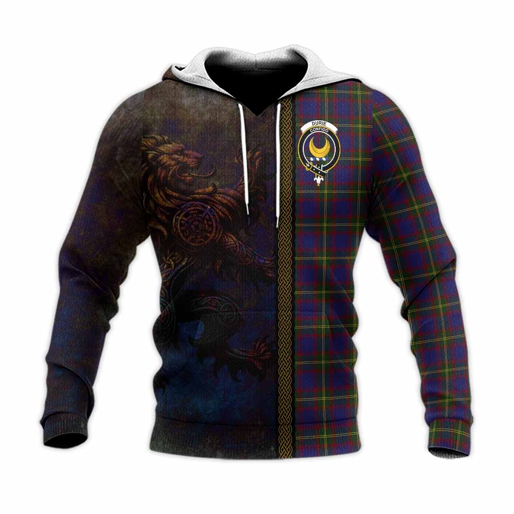 Tartan Vibes Clothing Durie Tartan Family Crest Knitted Hoodie Alba Gu Brath Be Brave Lion Ancient Style