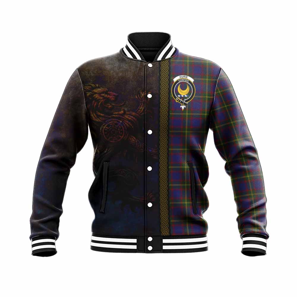 Tartan Vibes Clothing Durie Tartan Family Crest Baseball Jacket Alba Gu Brath Be Brave Lion Ancient Style