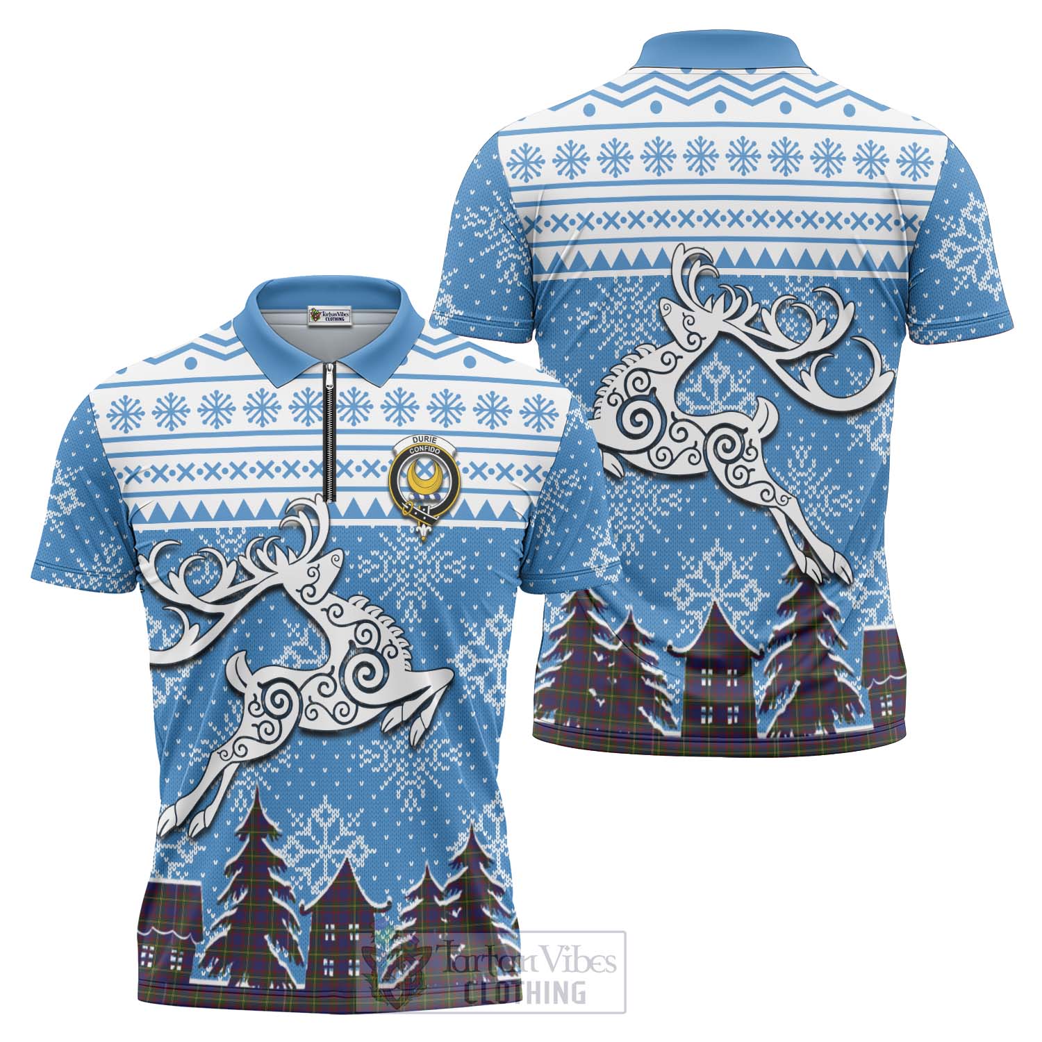 Durie Clan Christmas Zipper Polo Shirt Celtic Reindeer Style Unisex - Tartan Vibes Clothing