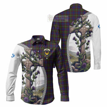 Durie Tartan Long Sleeve Button Shirt with Family Crest and St. Andrew's Cross Accented by Thistle Vines Men's Shirt S - Tartan Vibes Clothing