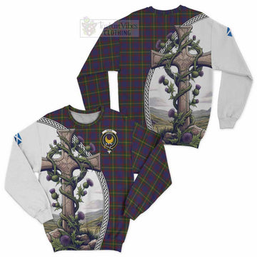 Durie Tartan Sweatshirt with Family Crest and St. Andrew's Cross Accented by Thistle Vines Unisex - Tartan Vibes Clothing