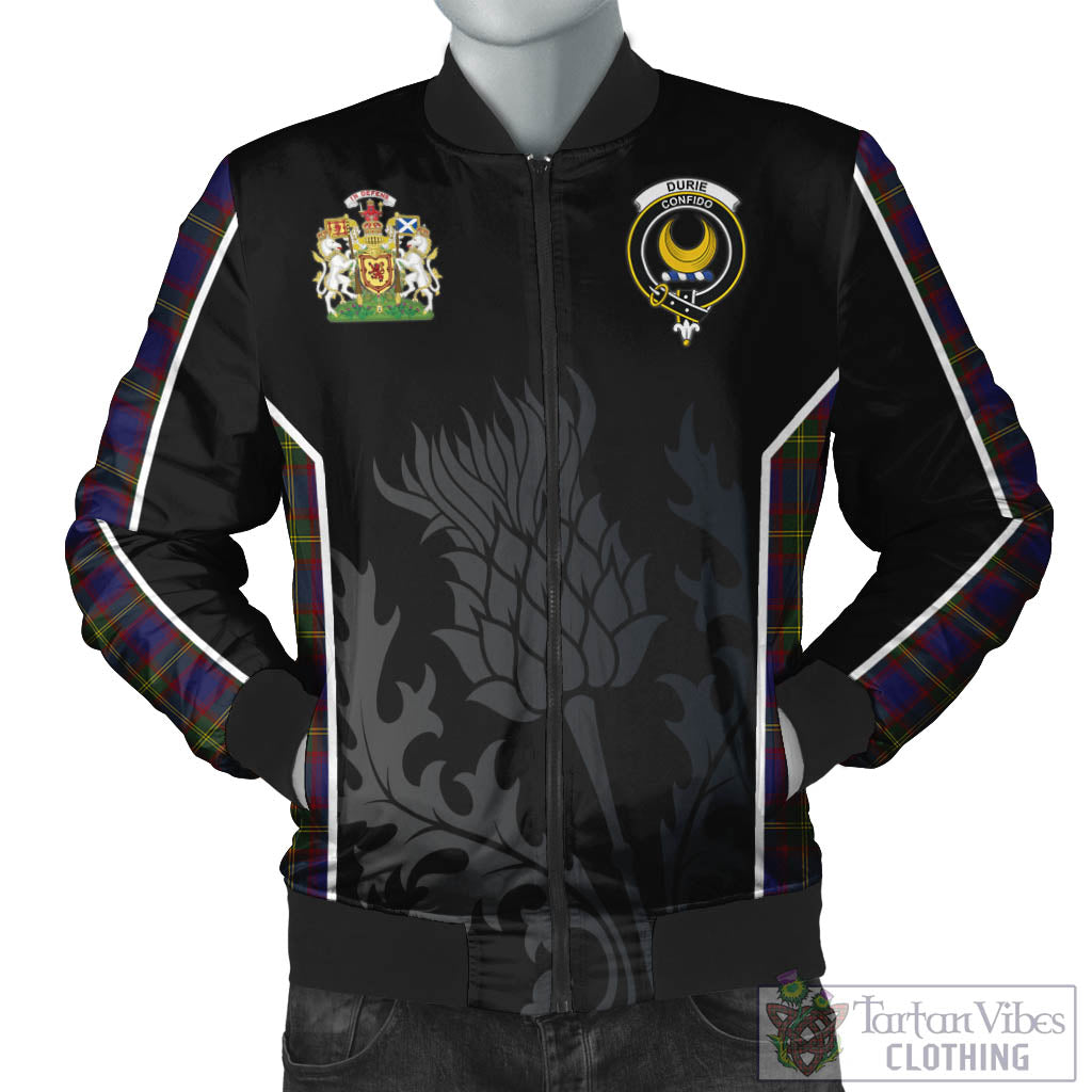 Durie Tartan Bomber Jacket with Family Crest and Scottish Thistle Vibes Sport Style Unisex Black - Tartan Vibes Clothing