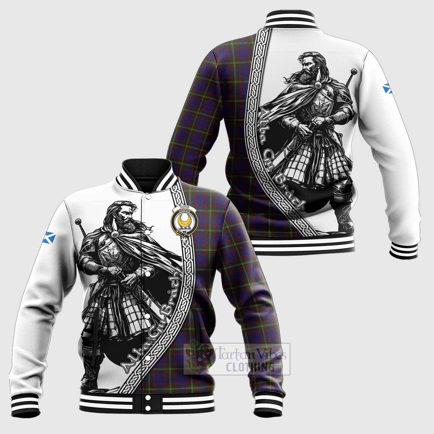 Durie Tartan Clan Crest Baseball Jacket with Highlander Warrior Celtic Style Unisex - Tartan Vibes Clothing