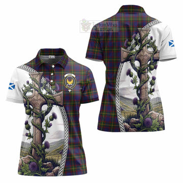 Durie Tartan Women's Polo Shirt with Family Crest and St. Andrew's Cross Accented by Thistle Vines Women - Tartan Vibes Clothing