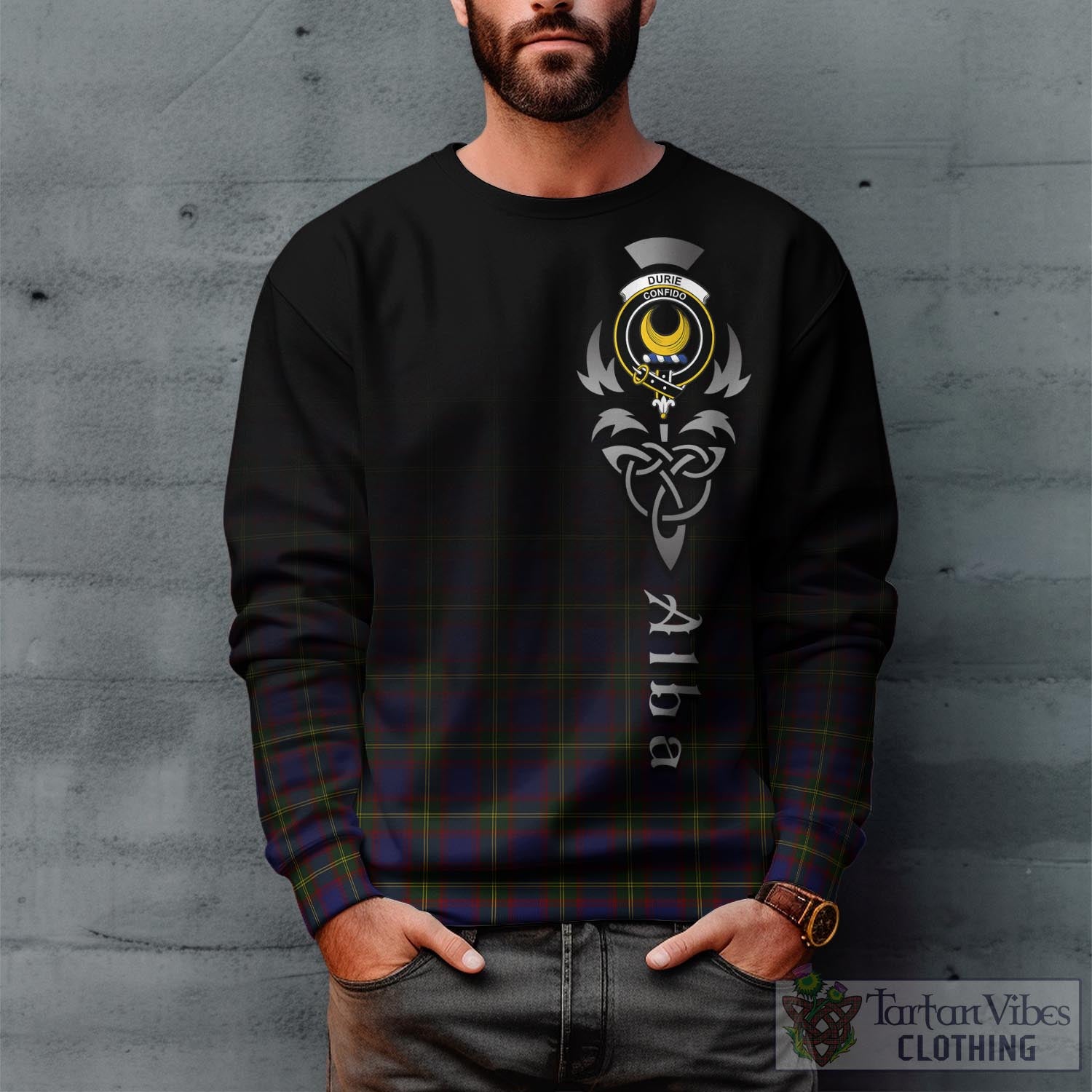 Durie Tartan Sweatshirt Featuring Alba Gu Brath Family Crest Celtic Inspired Unisex - Tartan Vibes Clothing
