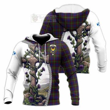 Durie Tartan Knitted Hoodie with Family Crest and St. Andrew's Cross Accented by Thistle Vines Unisex Knitted Pullover Hoodie - Tartan Vibes Clothing