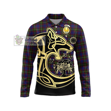 Durie Tartan Long Sleeve Polo Shirt with Family Crest Celtic Wolf Style Unisex - Tartan Vibes Clothing