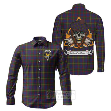 Durie Tartan Long Sleeve Button Shirt with Family Crest and Bearded Skull Holding Bottles of Whiskey Men's Shirt S - Tartan Vibes Clothing