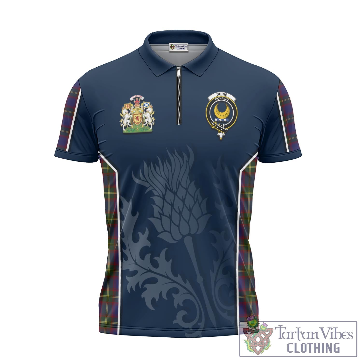 Tartan Vibes Clothing Durie Tartan Zipper Polo Shirt with Family Crest and Scottish Thistle Vibes Sport Style
