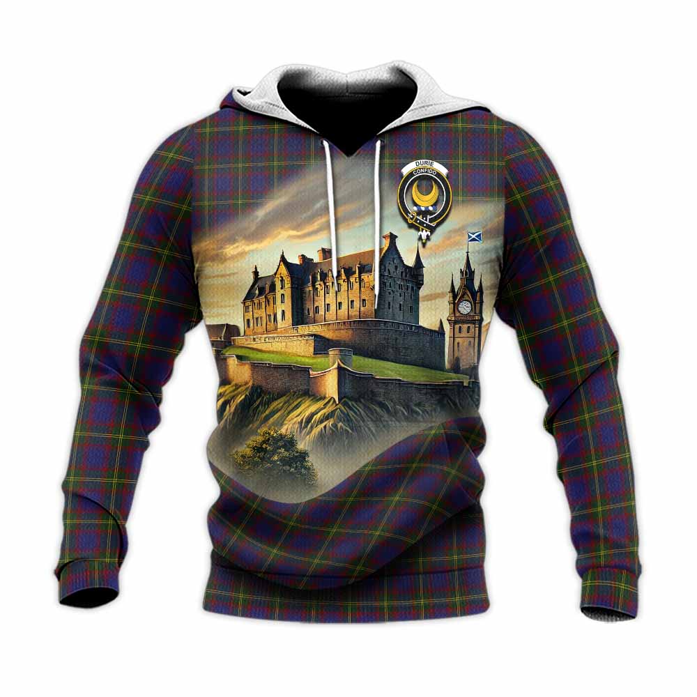 Durie Tartan Family Crest Knitted Hoodie with Scottish Ancient Castle Style Unisex Knitted Pullover Hoodie - Tartan Vibes Clothing