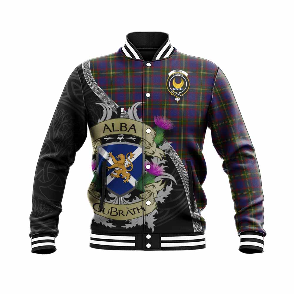 Durie Tartan Family Crest Baseball Jacket Lion Rampant Royal Thistle Shield Celtic Inspired Unisex - Tartan Vibes Clothing