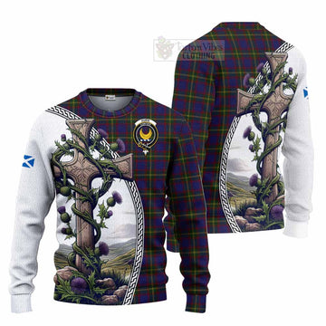 Durie Tartan Knitted Sweater with Family Crest and St. Andrew's Cross Accented by Thistle Vines Unisex - Tartan Vibes Clothing