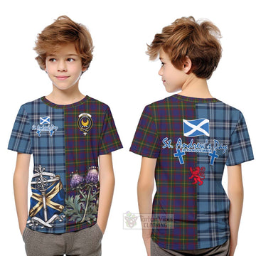 Durie Tartan Kid T-Shirt Happy St. Andrew's Day Half Tartan Style Youth XL Size14 - Tartan Vibes Clothing