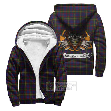 Durie Tartan Sherpa Hoodie with Family Crest and Bearded Skull Holding Bottles of Whiskey Unisex S - Tartan Vibes Clothing