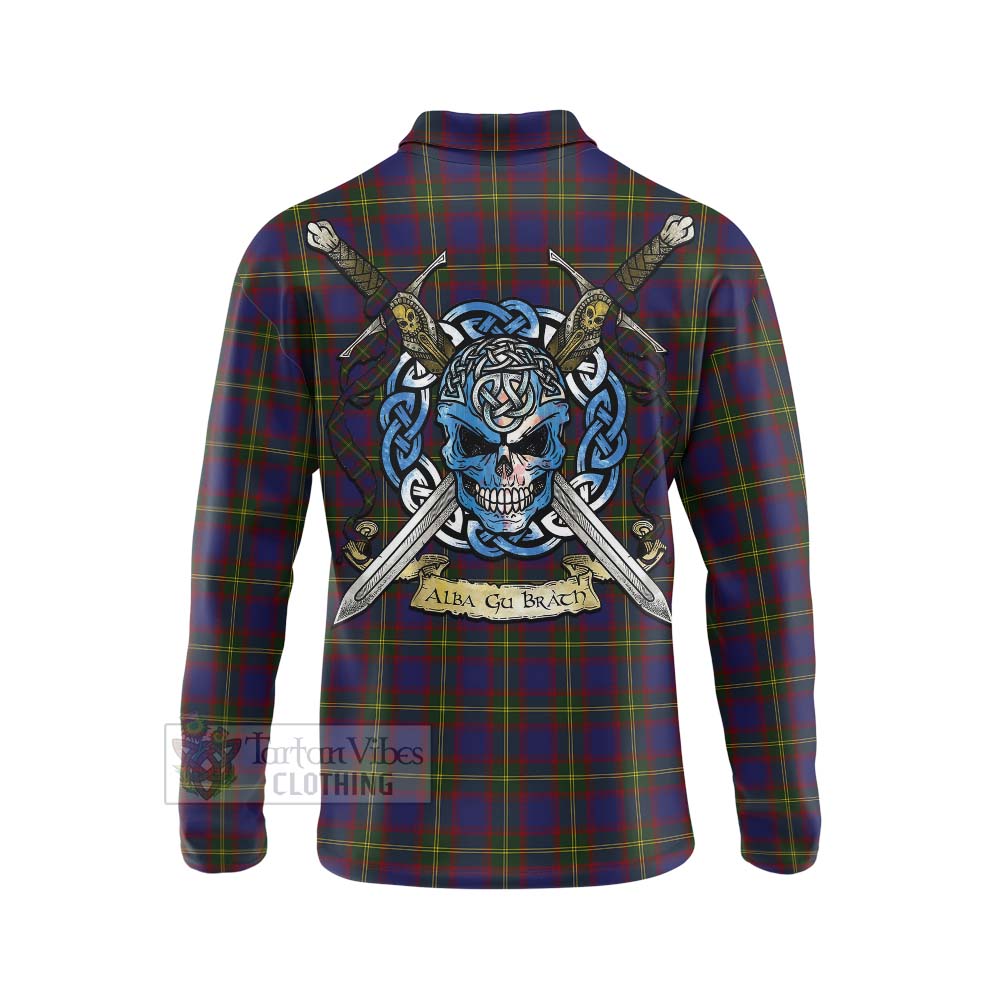 Durie Tartan Long Sleeve Polo Shirt with Family Crest Celtic Skull Style - Tartan Vibes Clothing