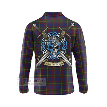 Durie Tartan Long Sleeve Polo Shirt with Family Crest Celtic Skull Style - Tartan Vibes Clothing