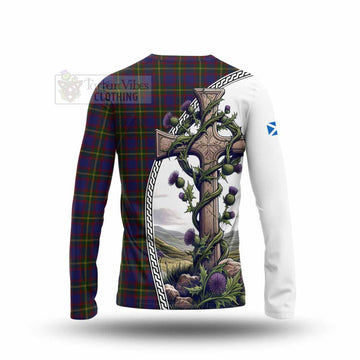 Durie Tartan Long Sleeve T-Shirt with Family Crest and St. Andrew's Cross Accented by Thistle Vines - Tartan Vibes Clothing