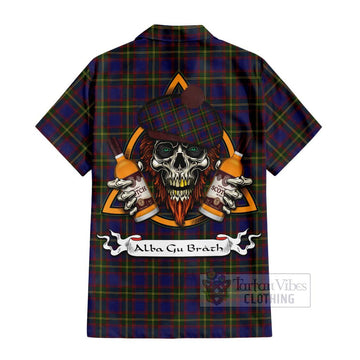 Durie Tartan Hawaiian Shirt with Family Crest and Bearded Skull Holding Bottles of Whiskey - Tartan Vibes Clothing