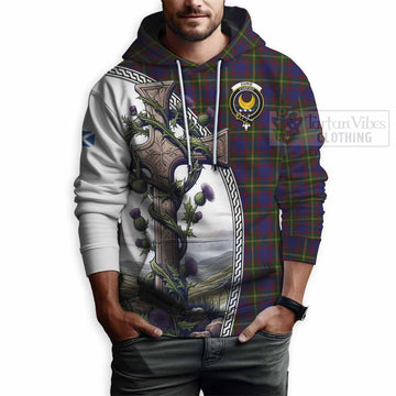 Durie Tartan Hoodie with Family Crest and St. Andrew's Cross Accented by Thistle Vines - Tartan Vibes Clothing