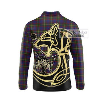 Durie Tartan Long Sleeve Polo Shirt with Family Crest Celtic Wolf Style - Tartan Vibes Clothing