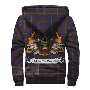 Durie Tartan Sherpa Hoodie with Family Crest and Bearded Skull Holding Bottles of Whiskey - Tartan Vibes Clothing