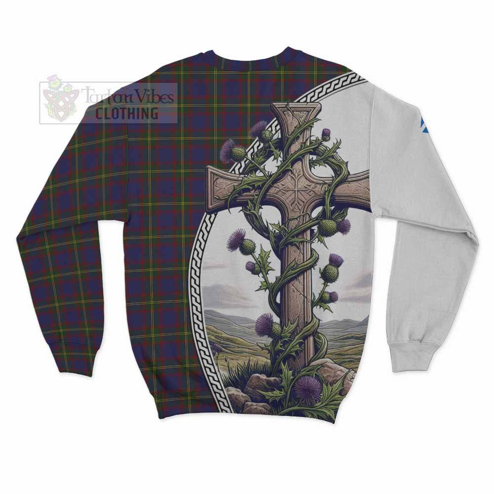 Durie Tartan Sweatshirt with Family Crest and St. Andrew's Cross Accented by Thistle Vines - Tartan Vibes Clothing