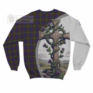 Durie Tartan Sweatshirt with Family Crest and St. Andrew's Cross Accented by Thistle Vines - Tartan Vibes Clothing