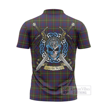 Durie Tartan Zipper Polo Shirt with Family Crest Celtic Skull Style