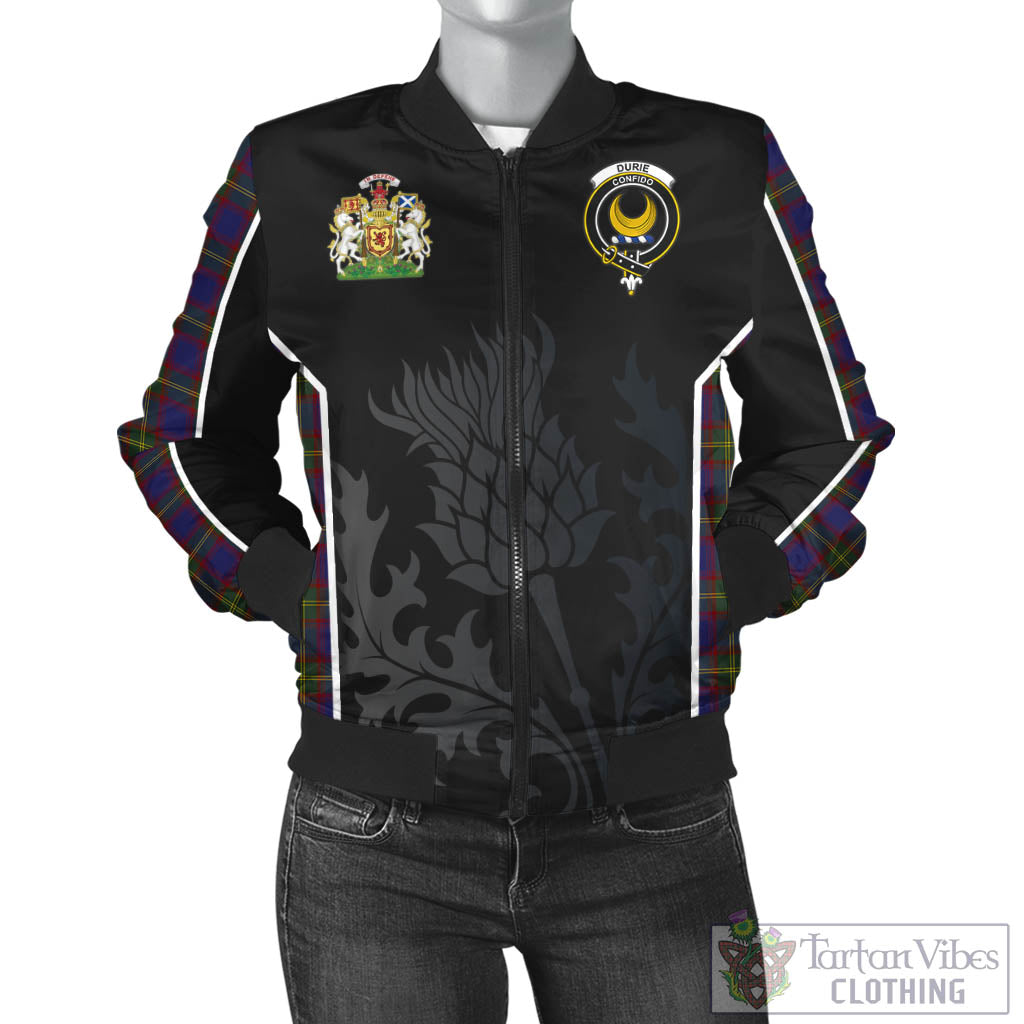 Durie Tartan Bomber Jacket with Family Crest and Scottish Thistle Vibes Sport Style - Tartan Vibes Clothing