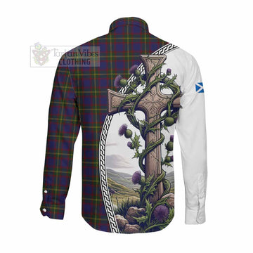 Durie Tartan Long Sleeve Button Shirt with Family Crest and St. Andrew's Cross Accented by Thistle Vines Men's Shirt - Tartan Vibes Clothing