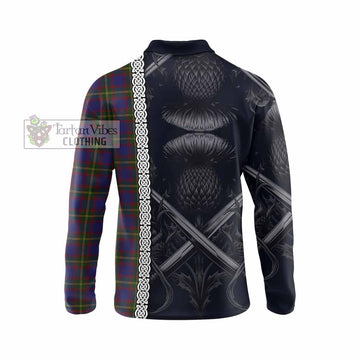 Durie Tartan Long Sleeve Polo Shirt with Family Crest Cross Sword Thistle Celtic Vibes - Tartan Vibes Clothing