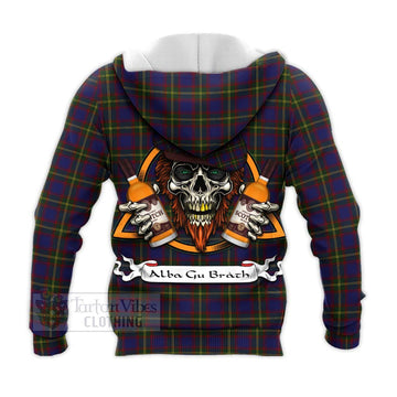 Durie Tartan Knitted Hoodie with Family Crest and Bearded Skull Holding Bottles of Whiskey - Tartan Vibes Clothing