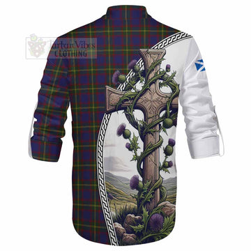 Durie Tartan Ghillie Kilt Shirt with Family Crest and St. Andrew's Cross Accented by Thistle Vines - Tartan Vibes Clothing