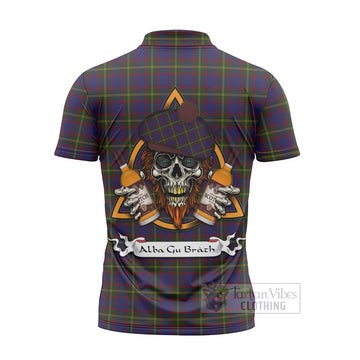 Durie Tartan Zipper Polo Shirt with Family Crest and Bearded Skull Holding Bottles of Whiskey