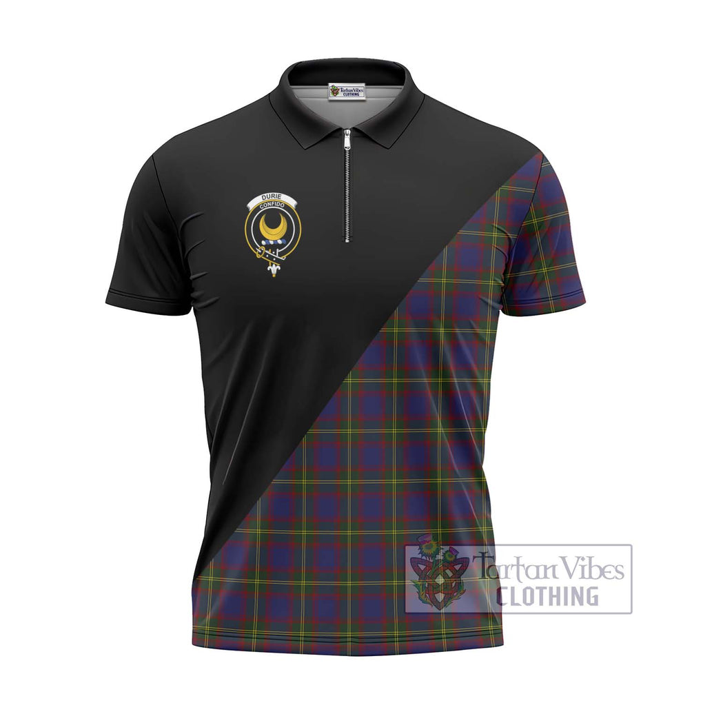 Durie Tartan Zipper Polo Shirt with Family Crest and Military Logo Style - Tartanvibesclothing Shop