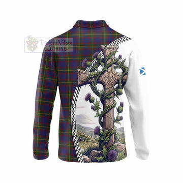 Durie Tartan Long Sleeve Polo Shirt with Family Crest and St. Andrew's Cross Accented by Thistle Vines - Tartan Vibes Clothing