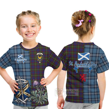 Durie Tartan Kid T-Shirt Happy St. Andrew's Day Half Tartan Style - Tartan Vibes Clothing