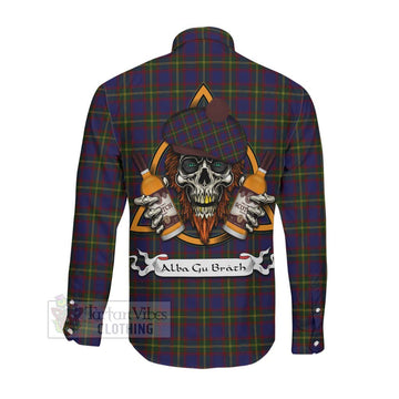 Durie Tartan Long Sleeve Button Shirt with Family Crest and Bearded Skull Holding Bottles of Whiskey Men's Shirt - Tartan Vibes Clothing