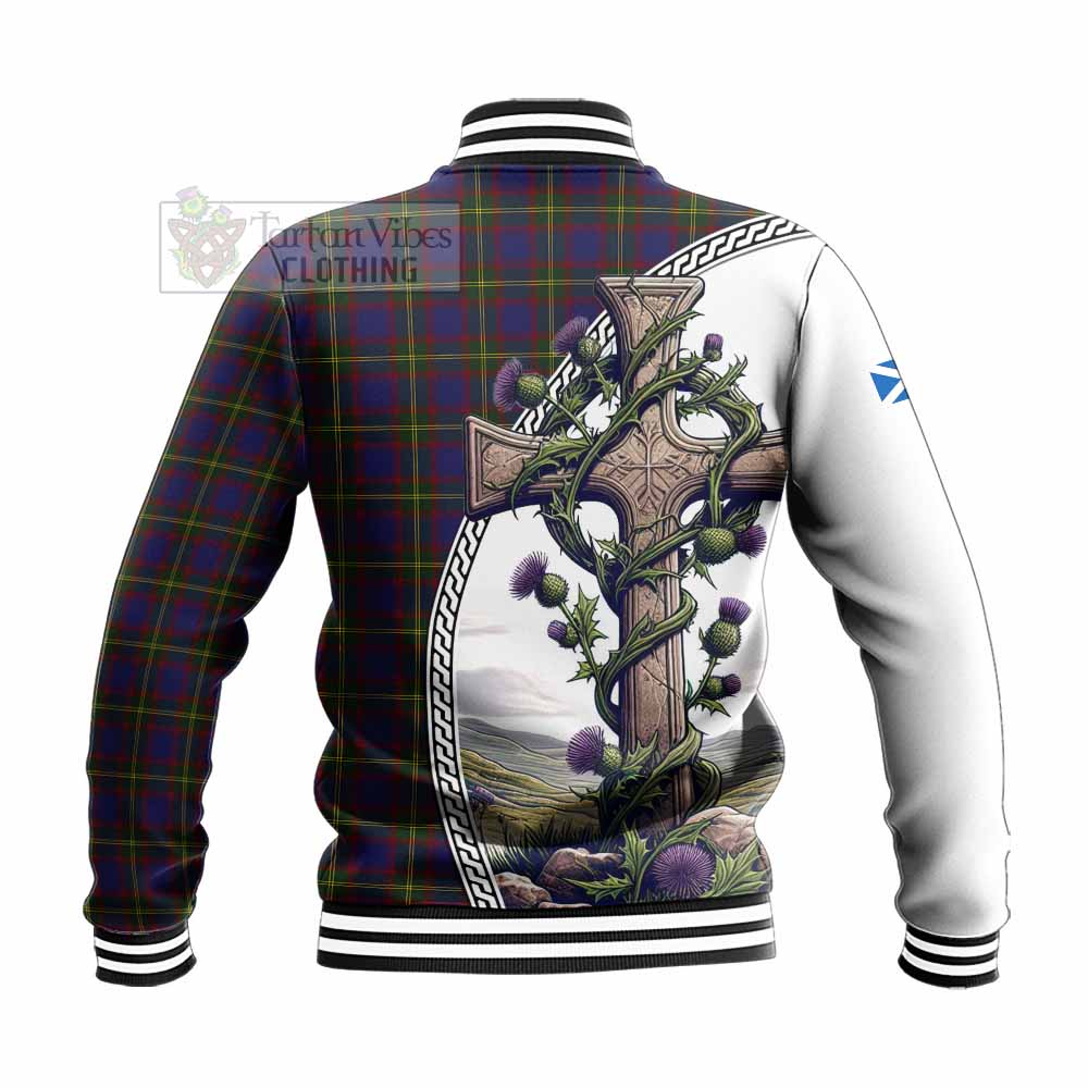 Durie Tartan Baseball Jacket with Family Crest and St. Andrew's Cross Accented by Thistle Vines - Tartan Vibes Clothing