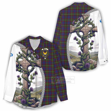 Durie Tartan Women's Casual Shirt with Family Crest and St. Andrew's Cross Accented by Thistle Vines - Tartan Vibes Clothing
