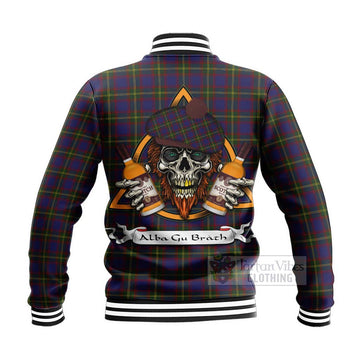 Durie Tartan Baseball Jacket with Family Crest and Bearded Skull Holding Bottles of Whiskey - Tartan Vibes Clothing