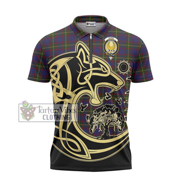 Durie Tartan Zipper Polo Shirt with Family Crest Celtic Wolf Style