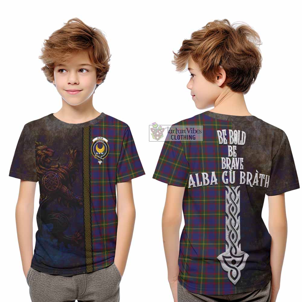 Tartan Vibes Clothing Durie Tartan Family Crest Kid T-Shirt Alba Gu Brath Be Brave Lion Ancient Style
