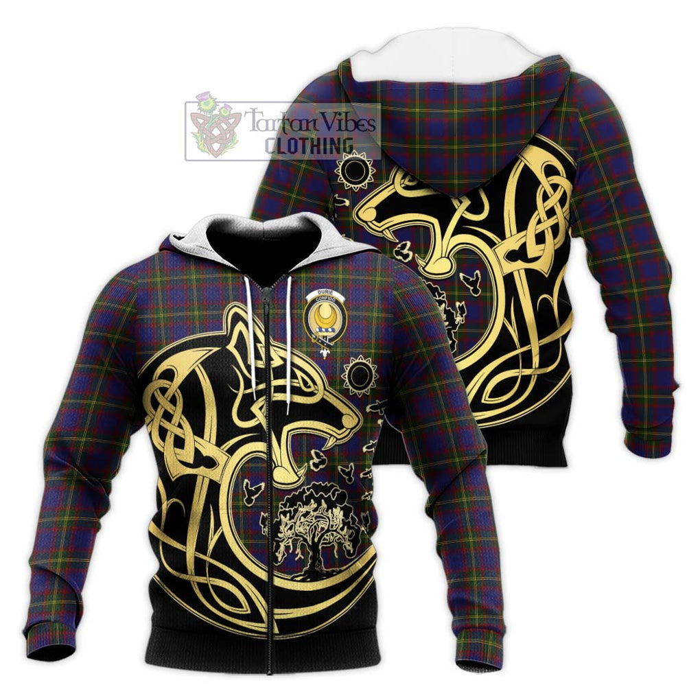 Durie Tartan Knitted Hoodie with Family Crest Celtic Wolf Style Unisex Knitted Zip Hoodie - Tartan Vibes Clothing
